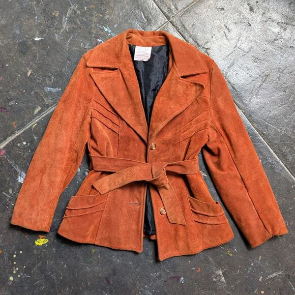 Vintage Orange Brown Suede Jacket Belted Leather Coat Western Rust Red 70s Small - Picture 3 of 10